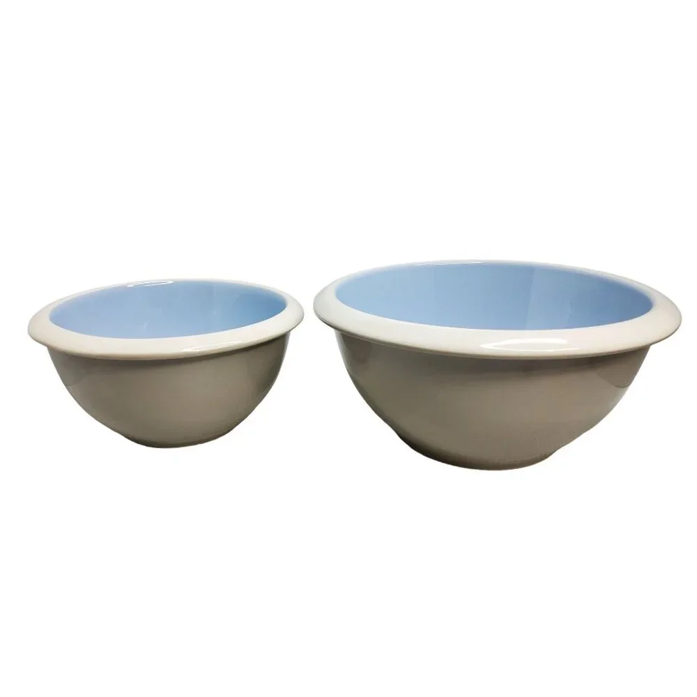 vintage set of 2 anchor hocking ceramic/porcelain gray/blue mixing bowls